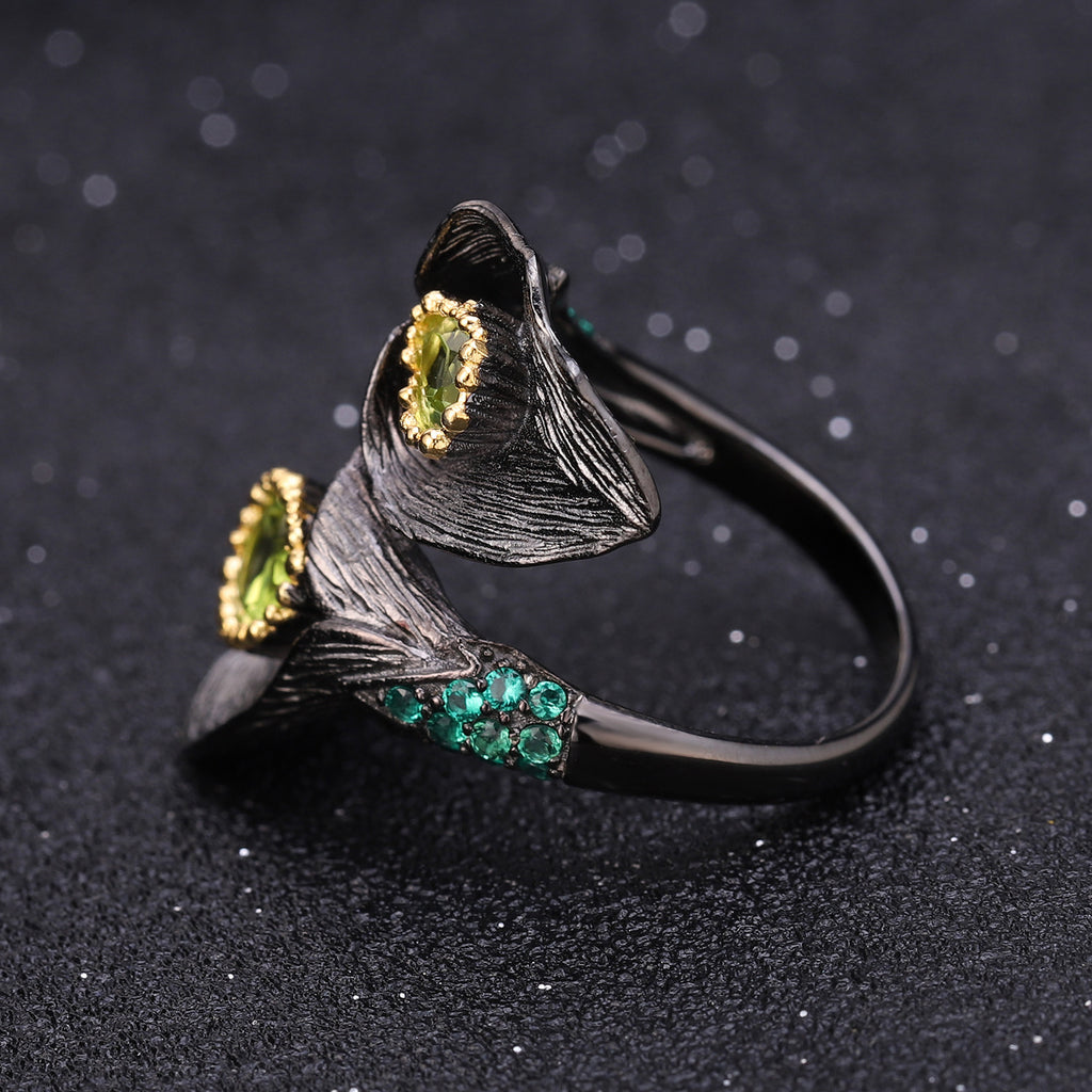 Multicolor Natural Gemstones Nature-Inspired Adjustable Ring 925 Sterling Silver (gemstone setting detail)