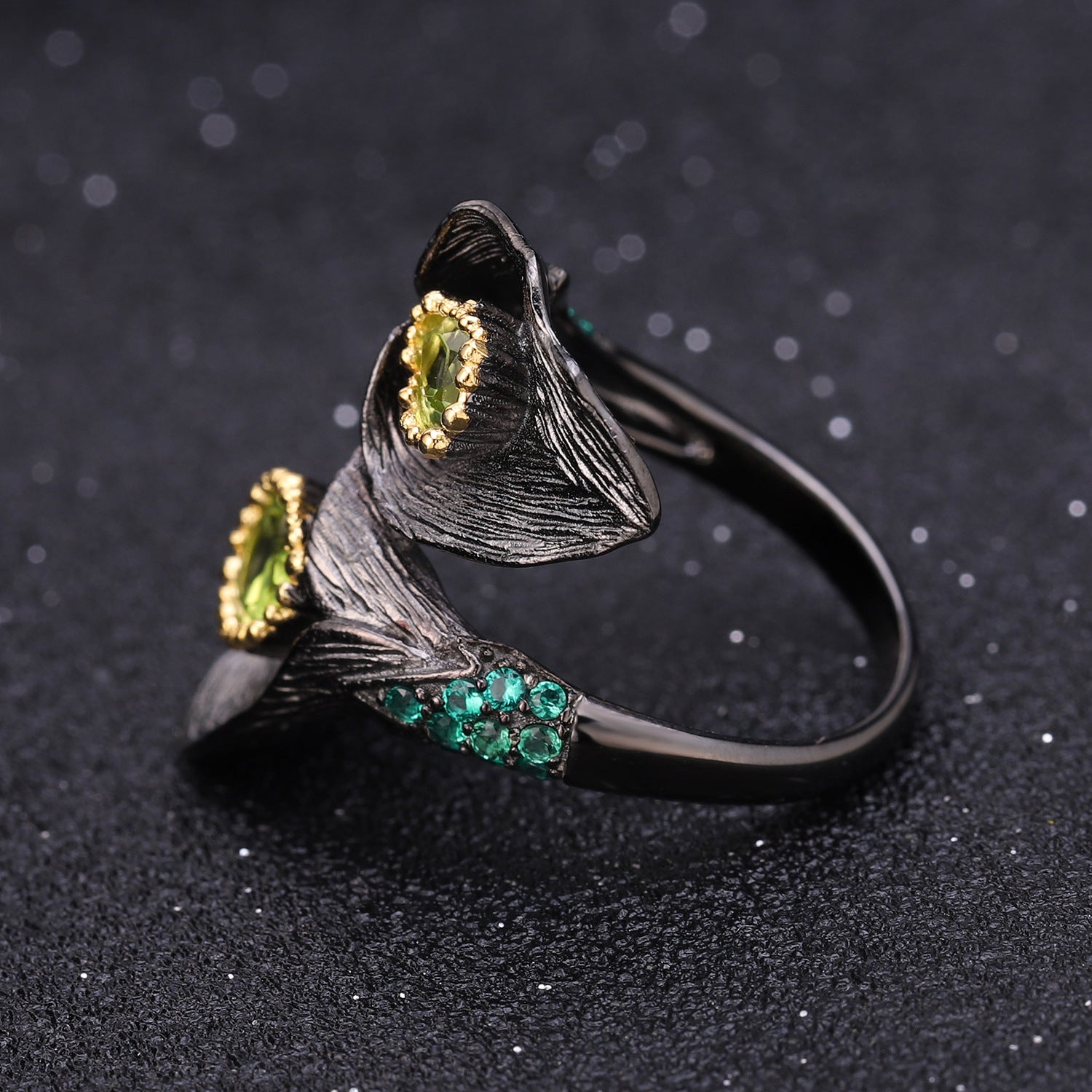 Multicolor Natural Gemstones Nature-Inspired Adjustable Ring 925 Sterling Silver (gemstone setting detail)