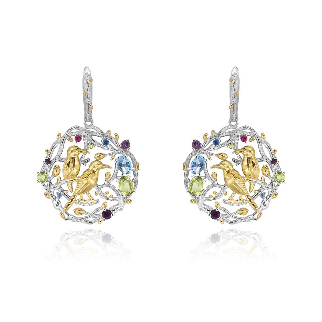 Natural Gemstone Bird Earrings 925 Sterling Silver (wearing effect view)