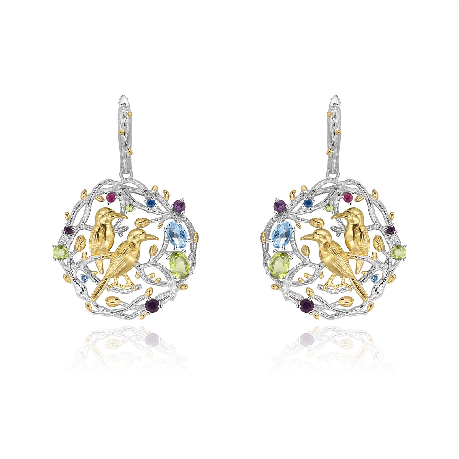 Natural Gemstone Bird Earrings 925 Sterling Silver (wearing effect view)