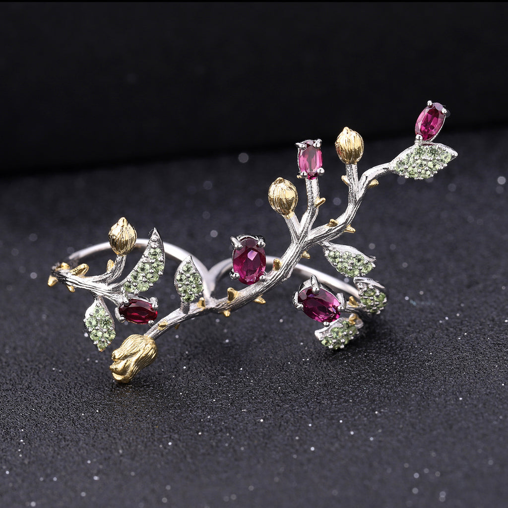 Multicolor Natural Gemstones Nature-Inspired Adjustable Ring 925 Sterling Silver (design detail close-up)