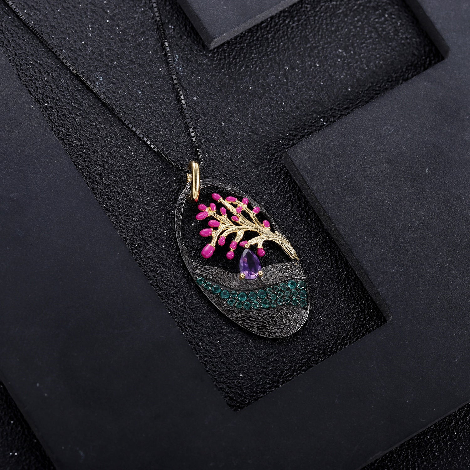 Natural Gemstone Tree of Life Pendant 925 Sterling Silver (design detail close-up)
