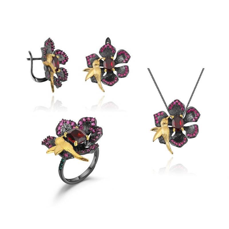 Amethyst Birds & Blossoms Earrings 925 Sterling Silver (wearing effect view)