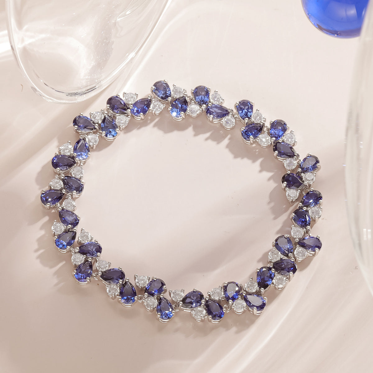 Lab-Grown Blue Sapphire Luxury Bracelet 925 Sterling Silver (gemstone setting detail)