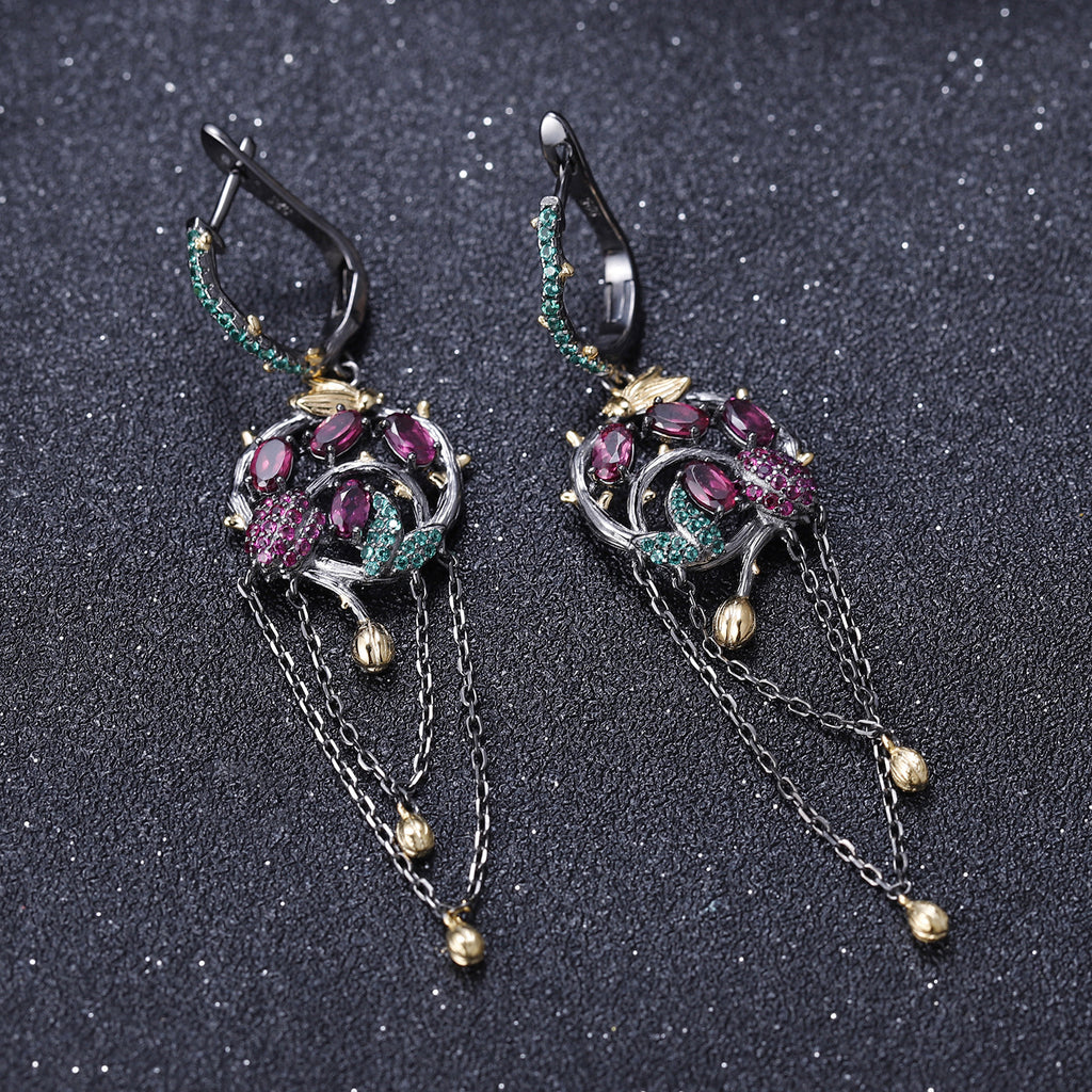 Rose Garnet Floral Tassel Earrings 925 Sterling Silver (design detail close-up)