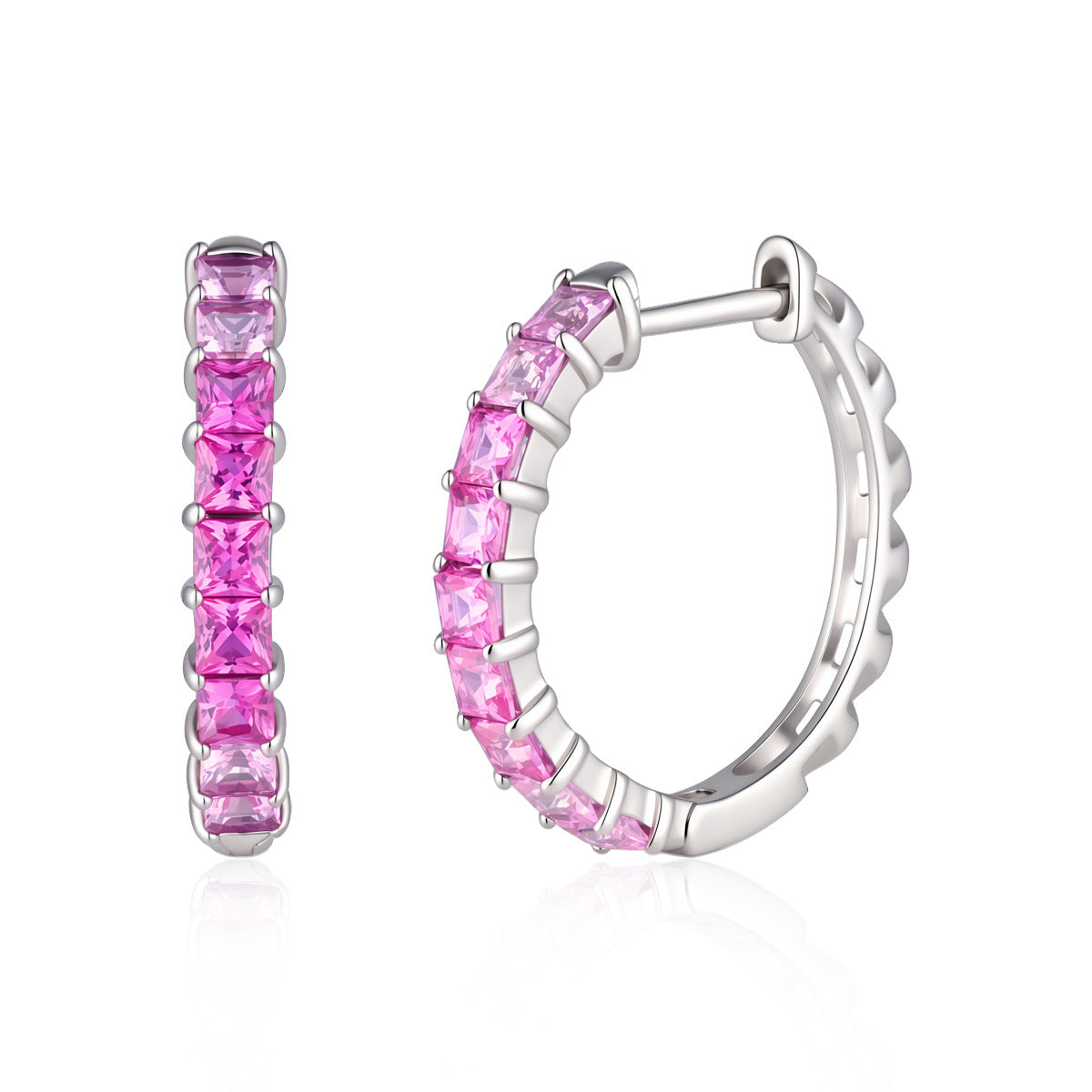 Lab-Grown Pink Gemstone Princess-Cut Hoop Earrings 925 Sterling Silver - White Background