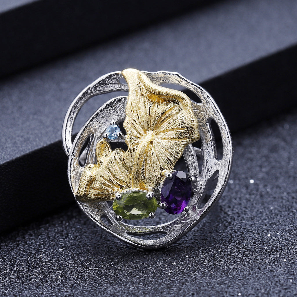Multicolor Natural Gemstones Nature-Inspired Adjustable Ring 925 Sterling Silver (design detail close-up)