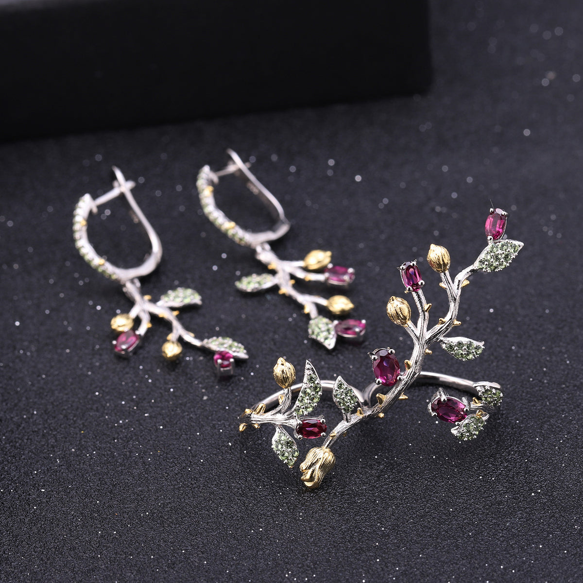 Multicolor Natural Gemstones Nature-Inspired Earrings 925 Sterling Silver (gemstone setting detail)