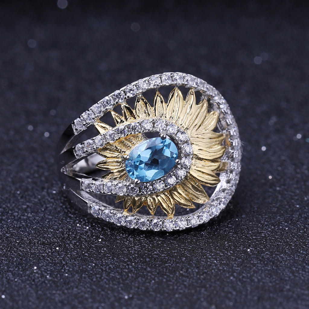 Multicolor Natural Gemstones Floral Ring 925 Sterling Silver (design detail close-up)