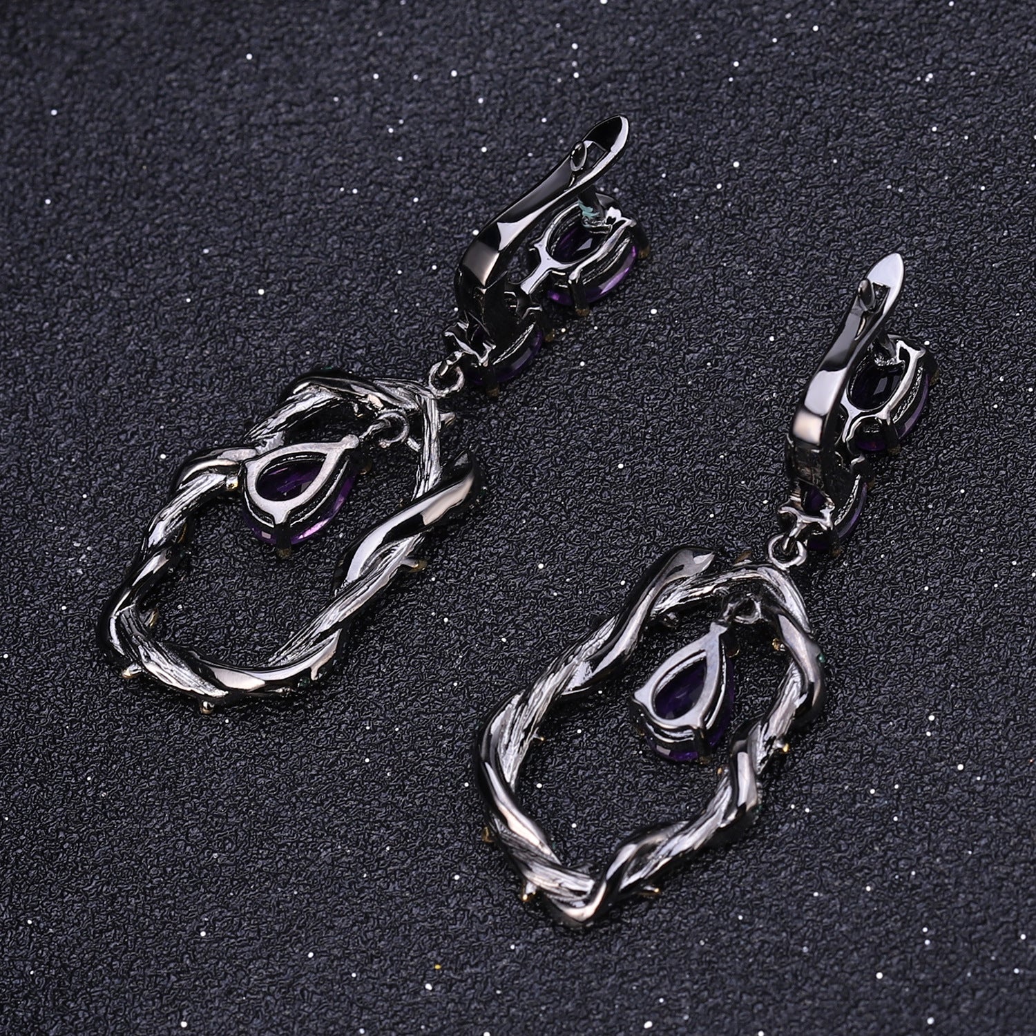 Amethyst Vine Earrings 925 Sterling Silver (gemstone setting detail)