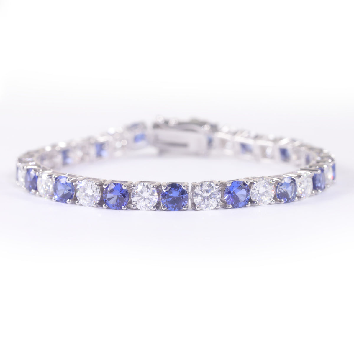 Lab-Grown Blue Sapphire 3/4/5mm Tennis Bracelet 925 Sterling Silver (side profile view)