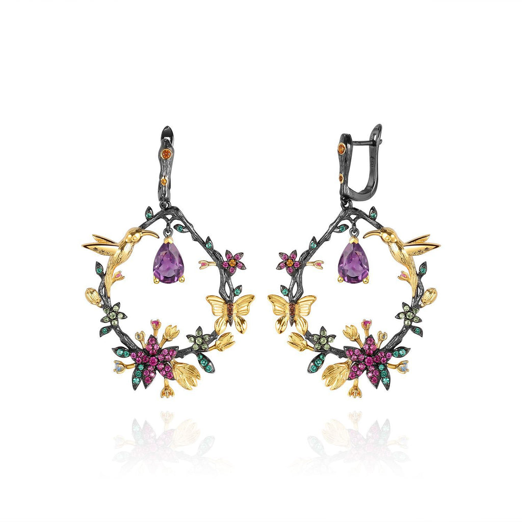 Amethyst Birds & Blossoms Earrings 925 Sterling Silver (wearing effect view)