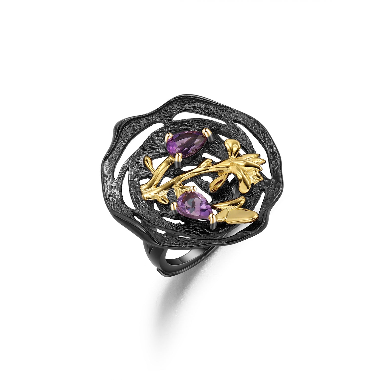 Amethyst Nature-Inspired Ring 925 Sterling Silver (wearing effect view)