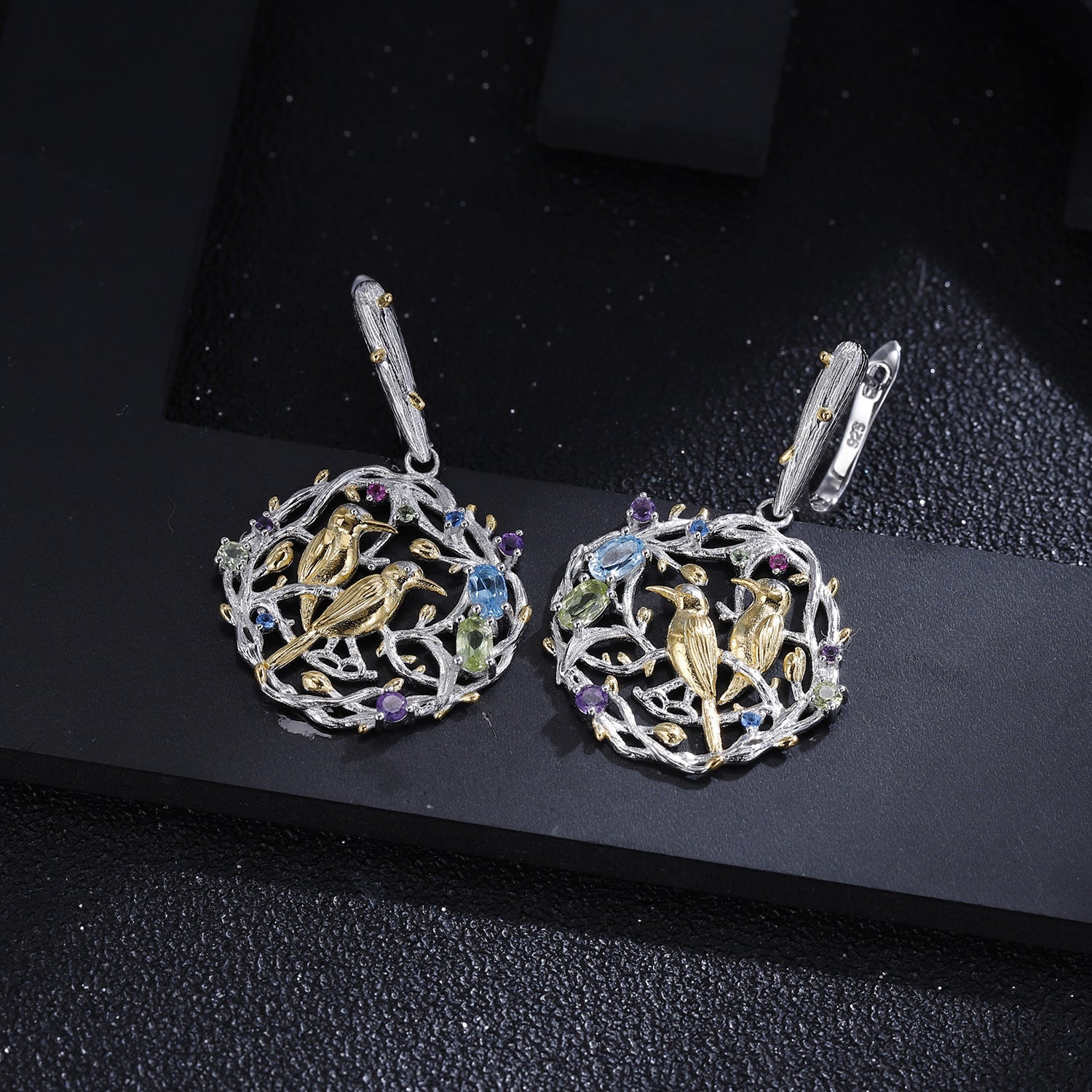 Natural Gemstone Bird Earrings 925 Sterling Silver (gemstone setting detail)