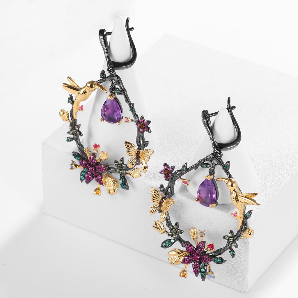 Amethyst Birds & Blossoms Earrings 925 Sterling Silver (design detail close-up)