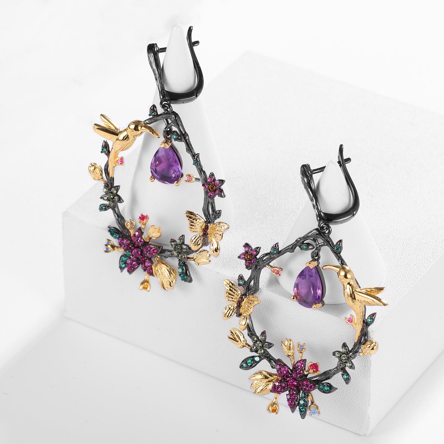 Amethyst Birds & Blossoms Earrings 925 Sterling Silver (design detail close-up)