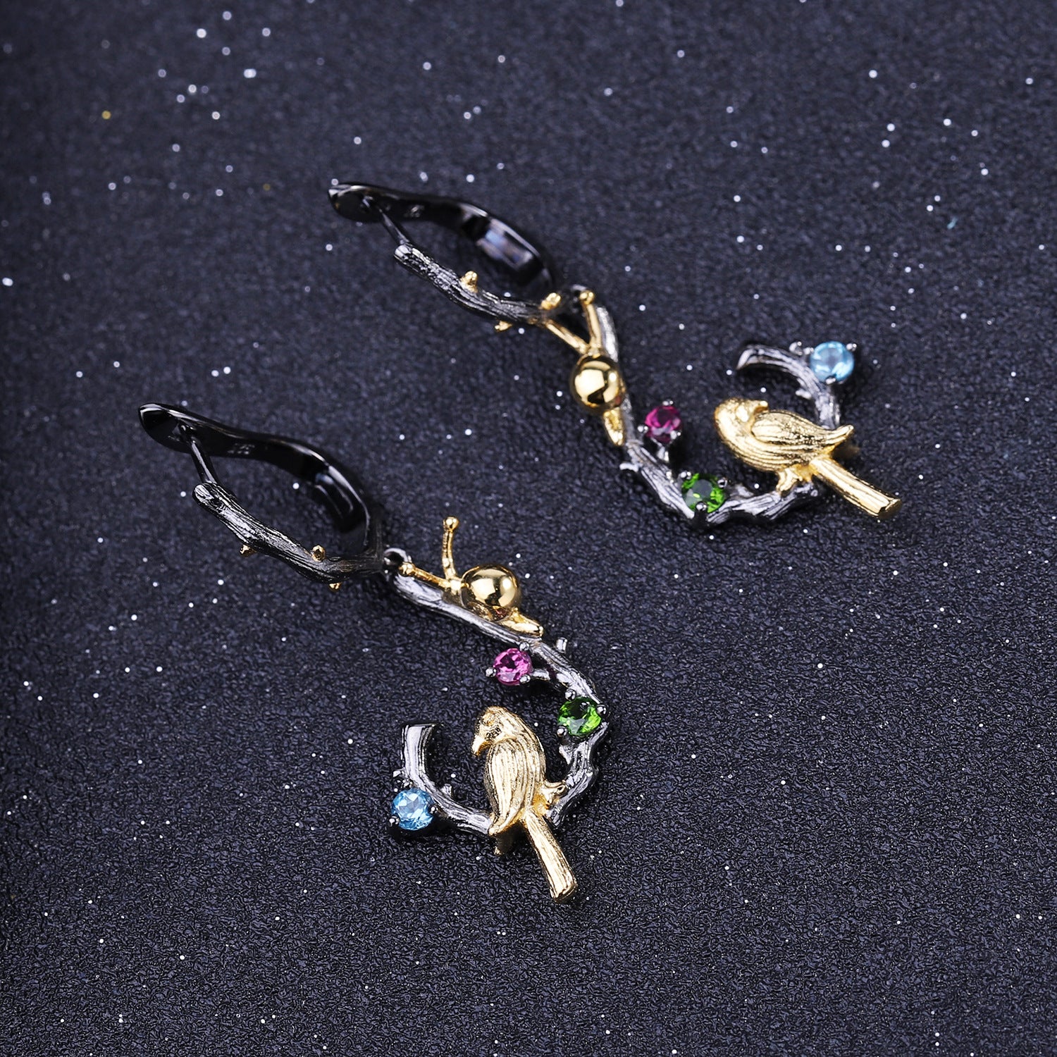 Multicolor Natural Gemstones Bird Earrings 925 Sterling Silver (design detail close-up)