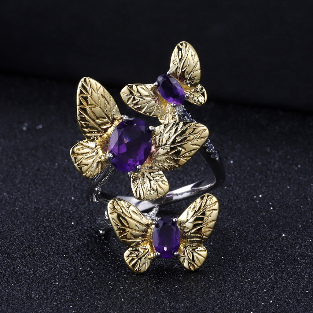 Amethyst Butterfly Adjustable Ring 925 Sterling Silver (design detail close-up)