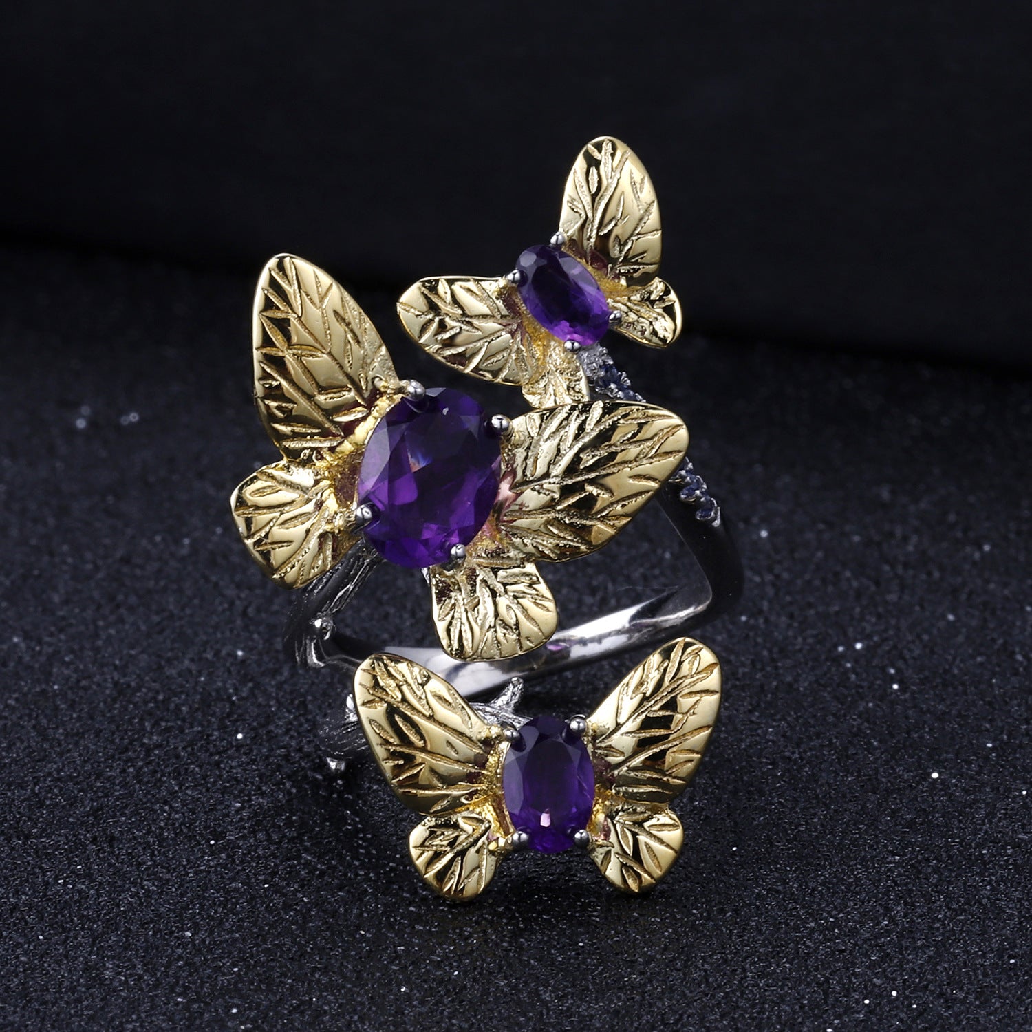 Amethyst Butterfly Adjustable Ring 925 Sterling Silver (design detail close-up)