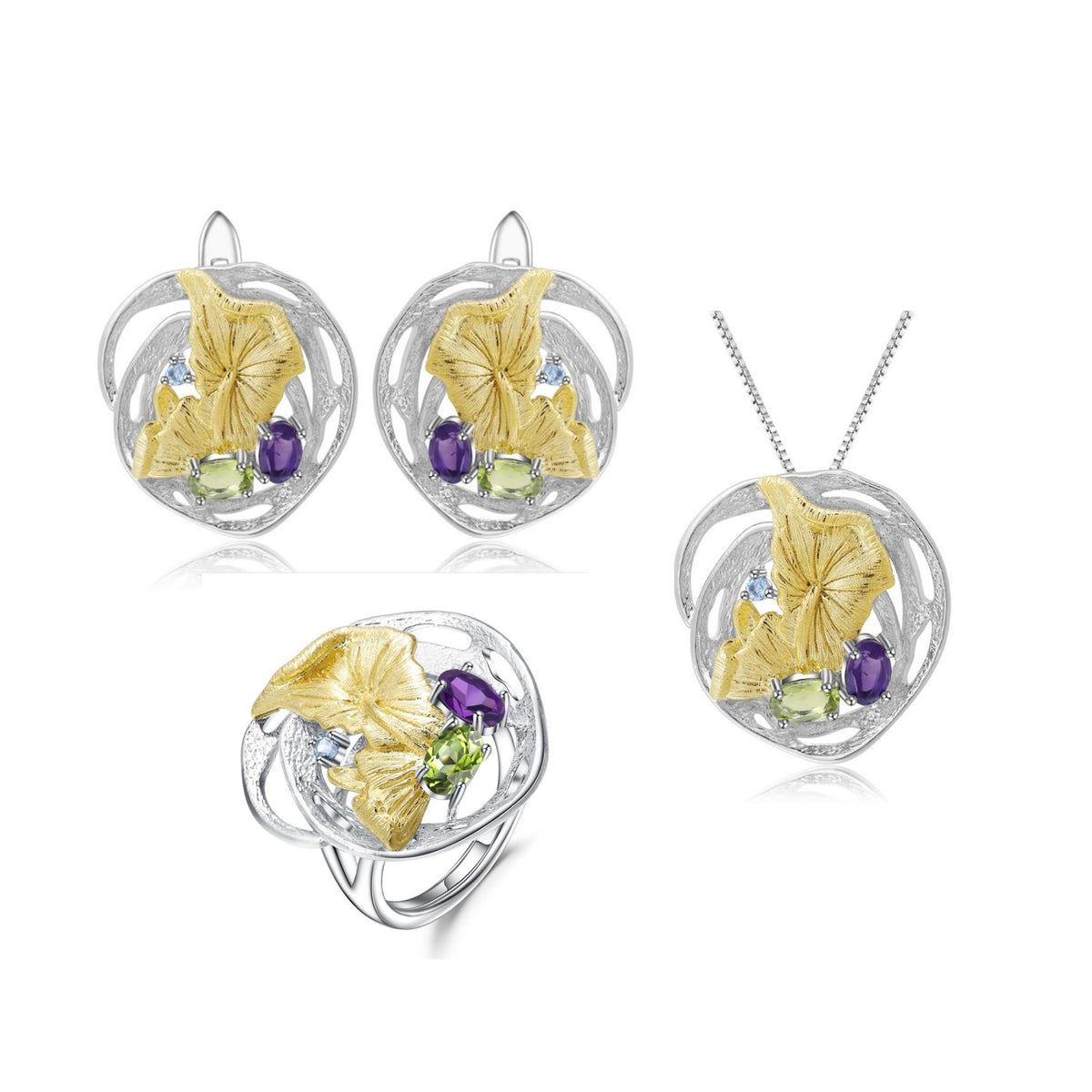 Multicolor Natural Gemstones Nature-Inspired Pendant 925 Sterling Silver (side profile view)