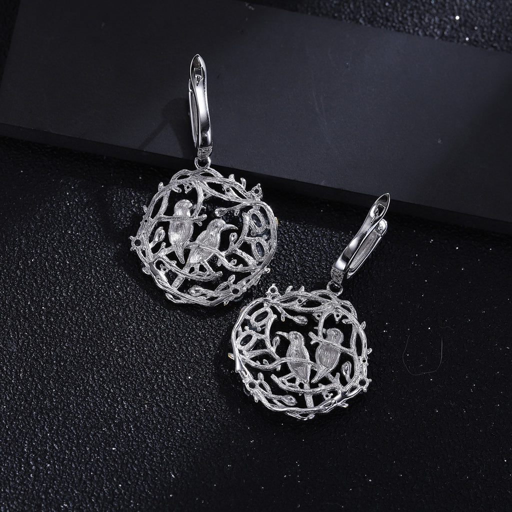 Natural Gemstone Bird Earrings 925 Sterling Silver (design detail close-up)