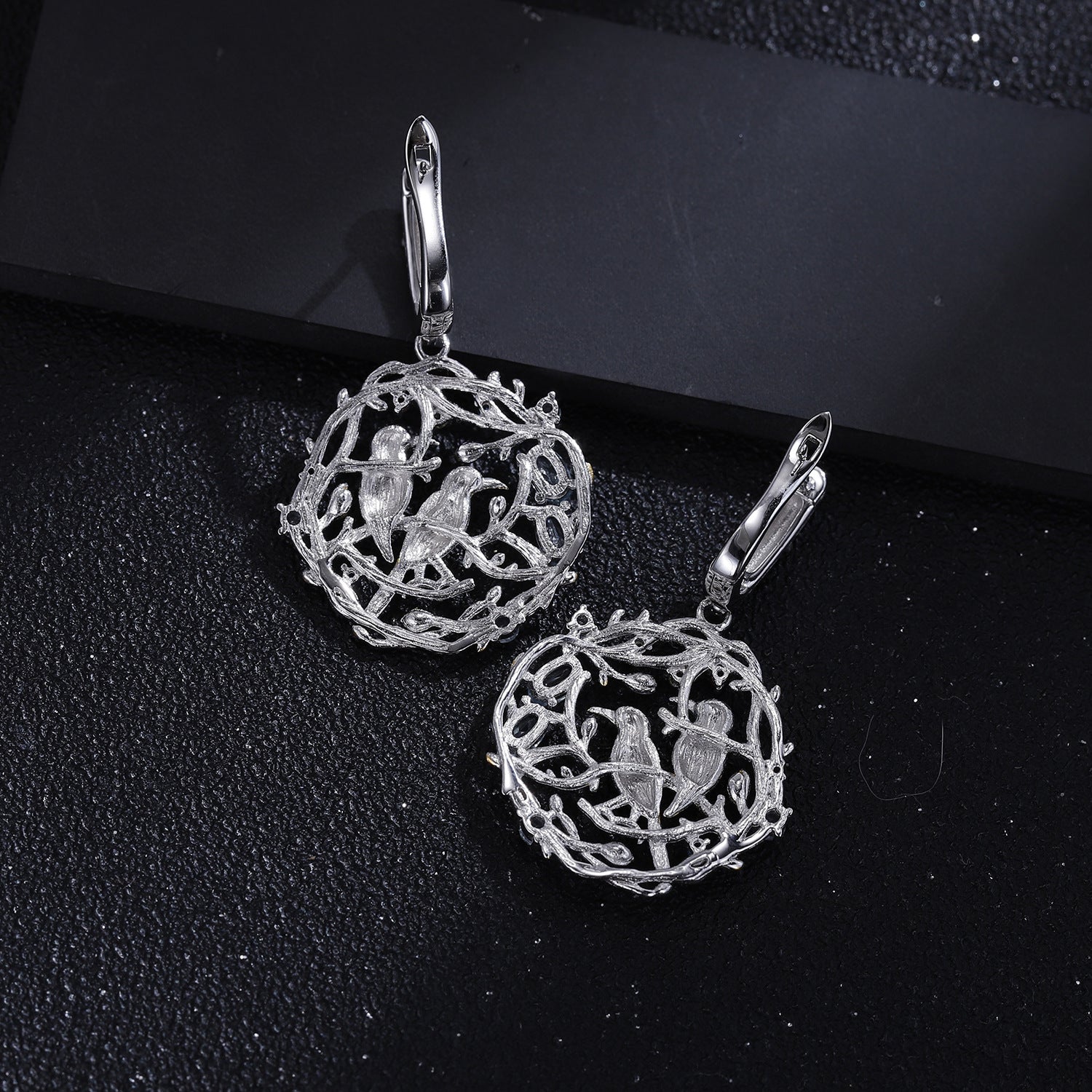 Natural Gemstone Bird Earrings 925 Sterling Silver (design detail close-up)