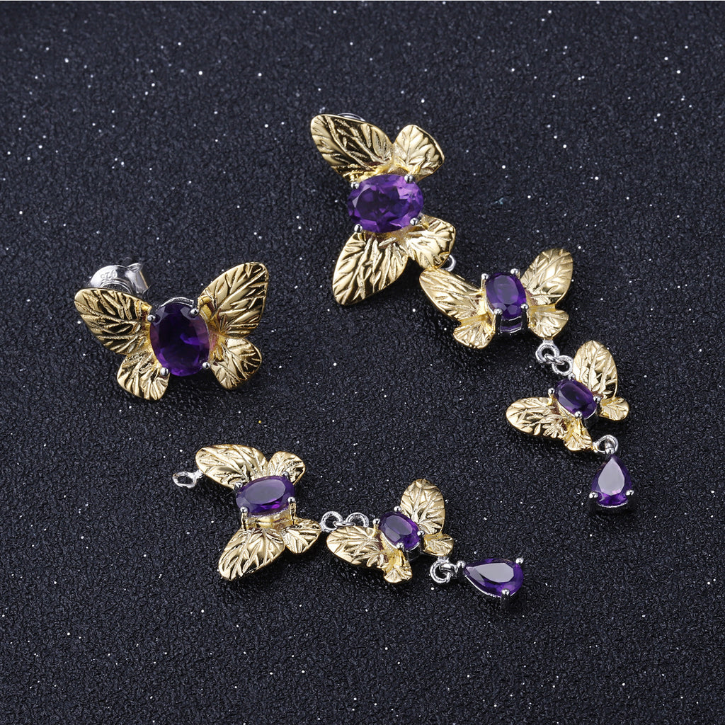 Amethyst Butterfly Earrings 925 Sterling Silver (gemstone setting detail)
