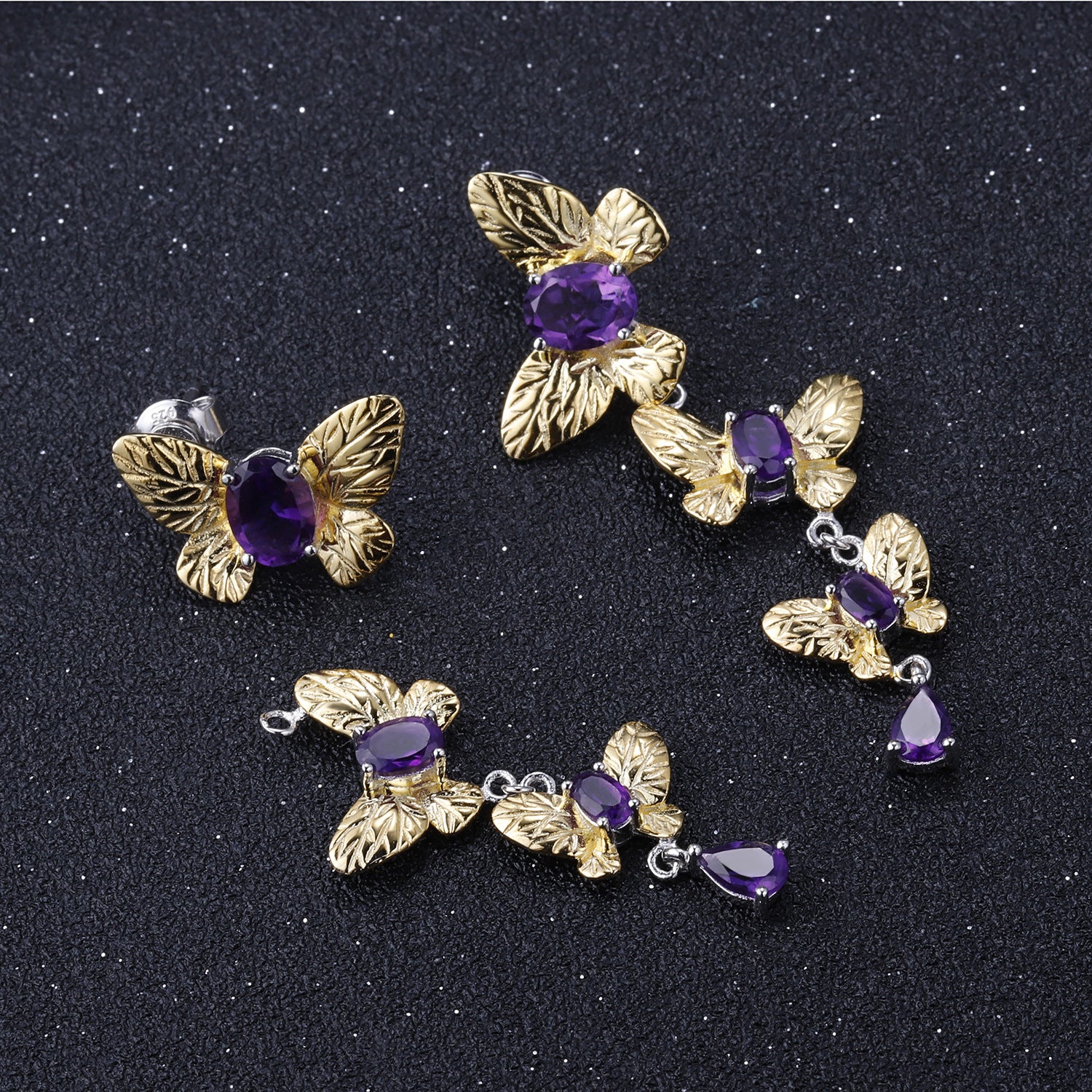 Amethyst Butterfly Earrings 925 Sterling Silver (gemstone setting detail)