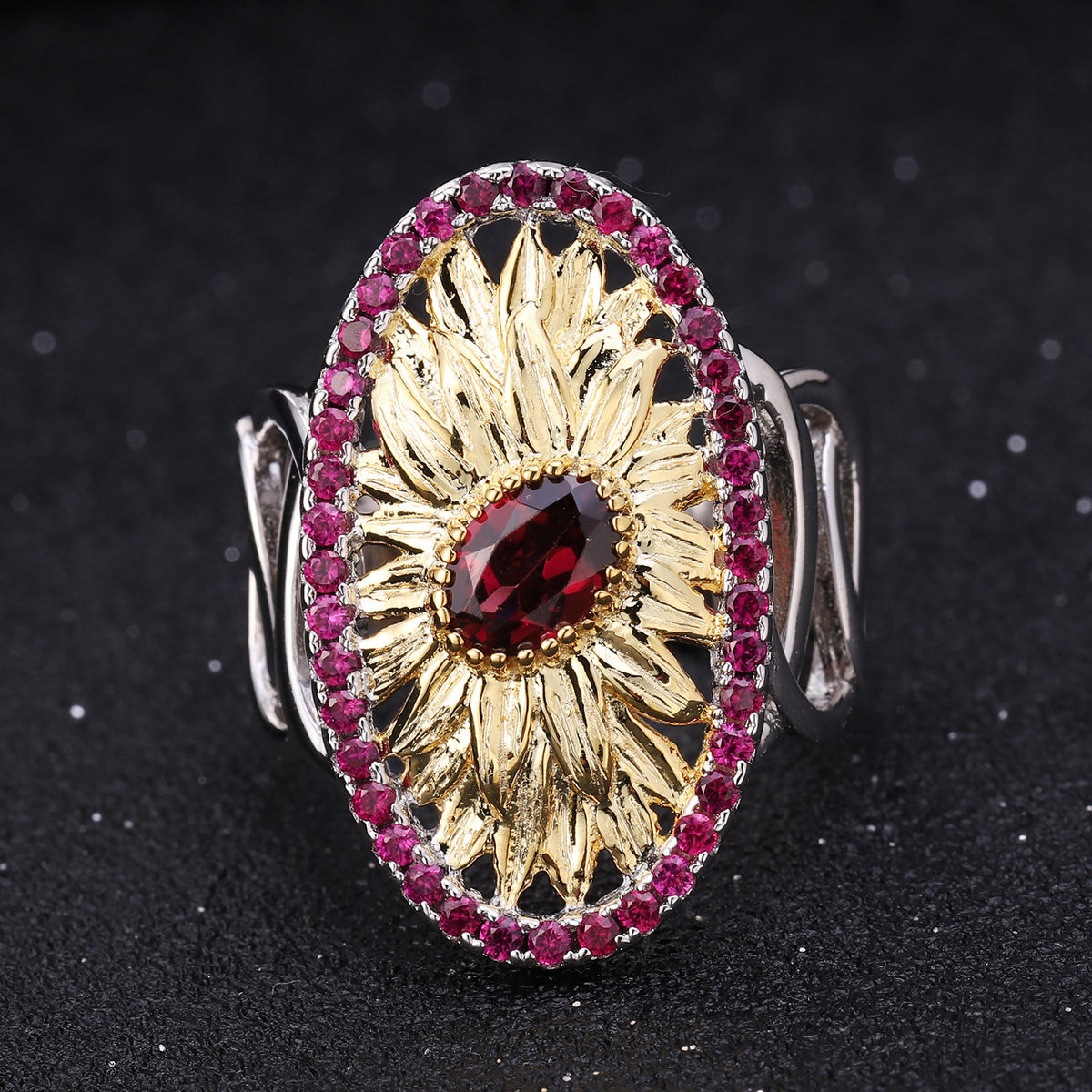 Rose Garnet Sunflower Ring 925 Sterling Silver