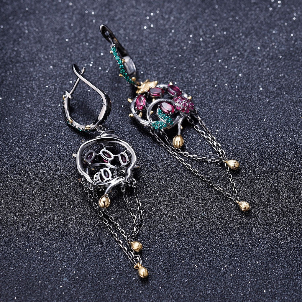 Rose Garnet Floral Tassel Earrings 925 Sterling Silver (gemstone setting detail)