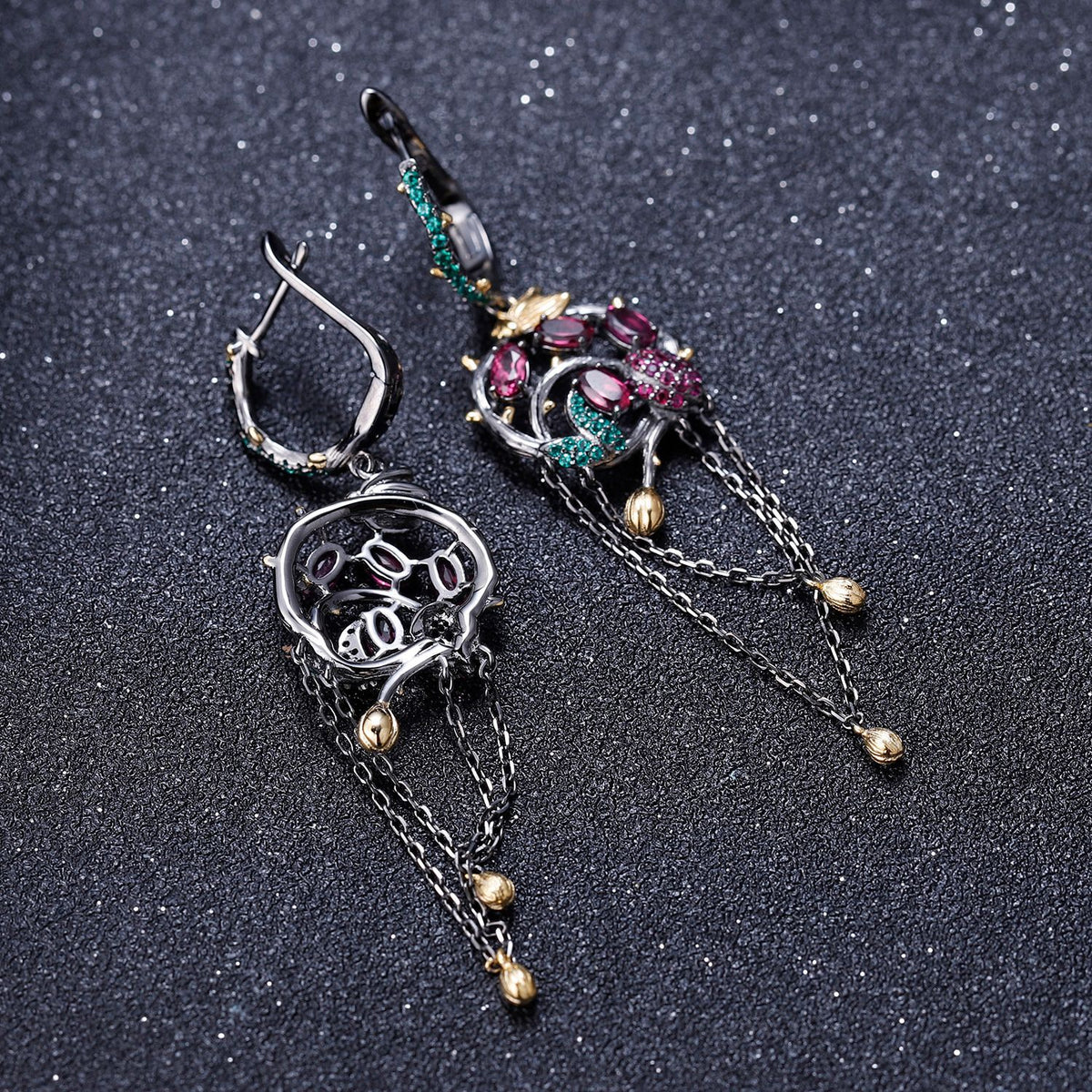 Rose Garnet Floral Tassel Earrings 925 Sterling Silver (gemstone setting detail)