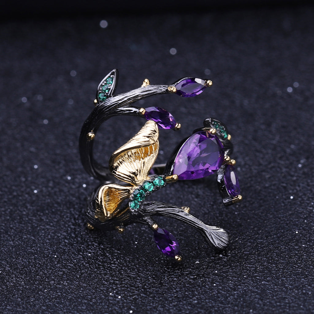 Amethyst Butterfly Ring 925 Sterling Silver (design detail close-up)