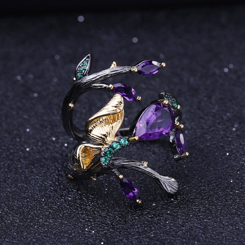 Amethyst Butterfly Ring 925 Sterling Silver (design detail close-up)
