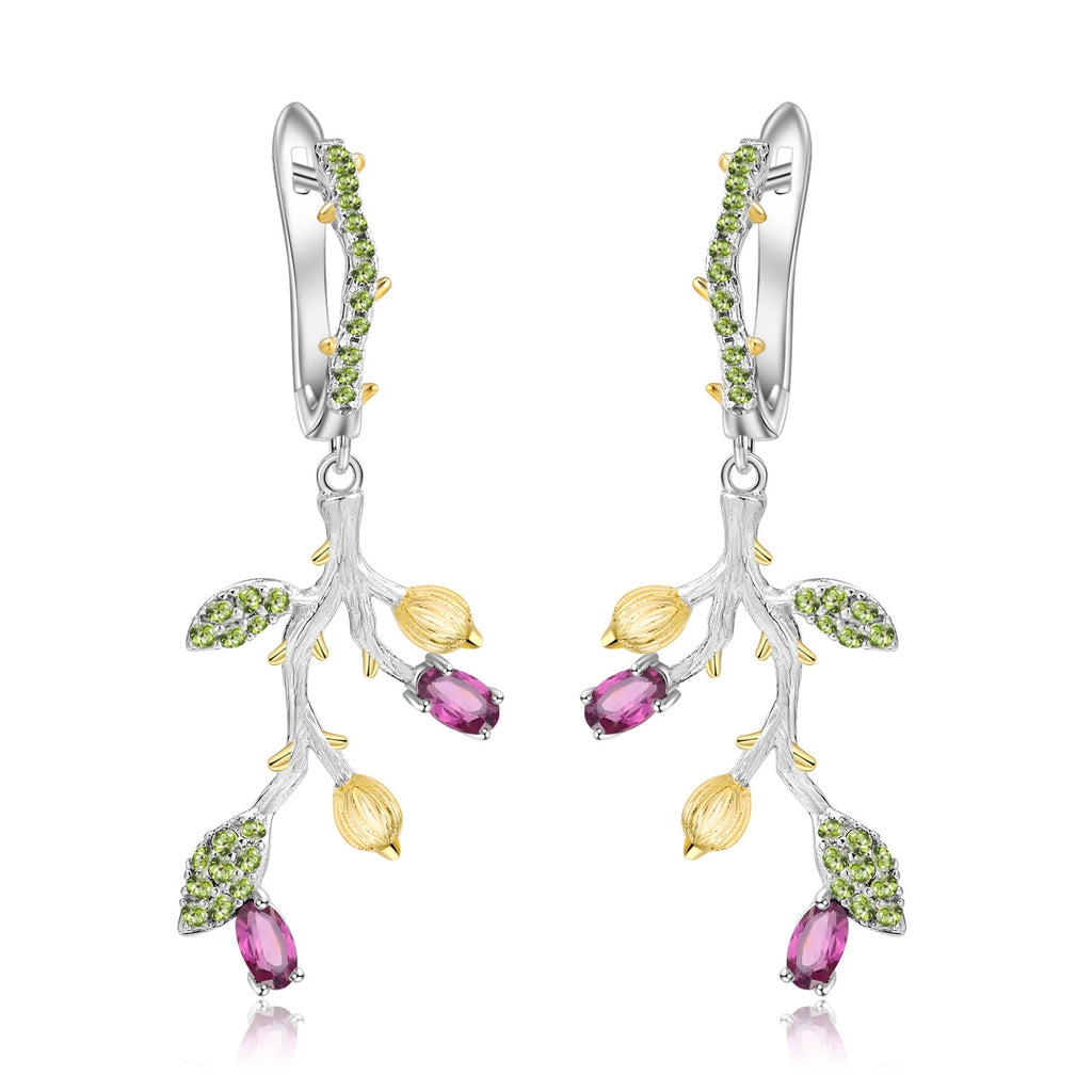 Multicolor Natural Gemstones Nature-Inspired Earrings 925 Sterling Silver (wearing effect view)