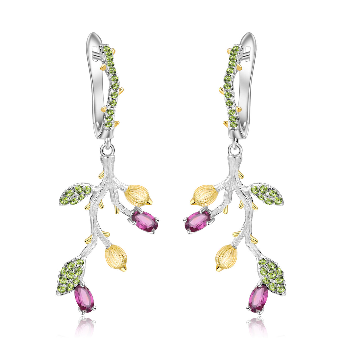 Multicolor Natural Gemstones Nature-Inspired Earrings 925 Sterling Silver (wearing effect view)