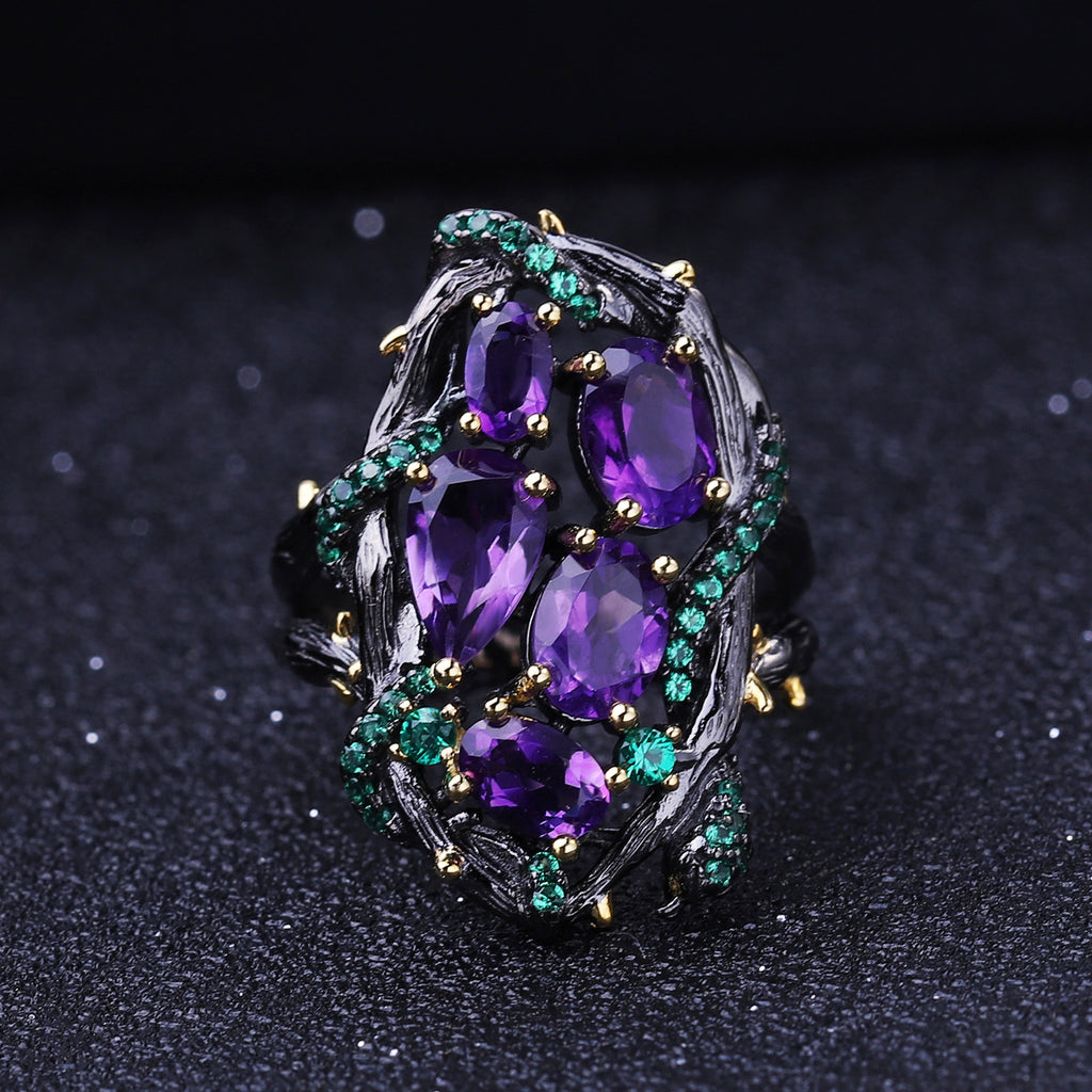 Amethyst Nature-Inspired Ring 925 Sterling Silver (design detail close-up)