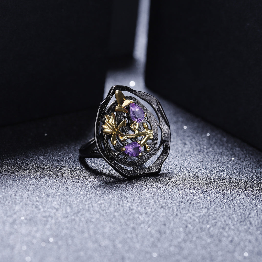 Amethyst Nature-Inspired Ring 925 Sterling Silver (design detail close-up)