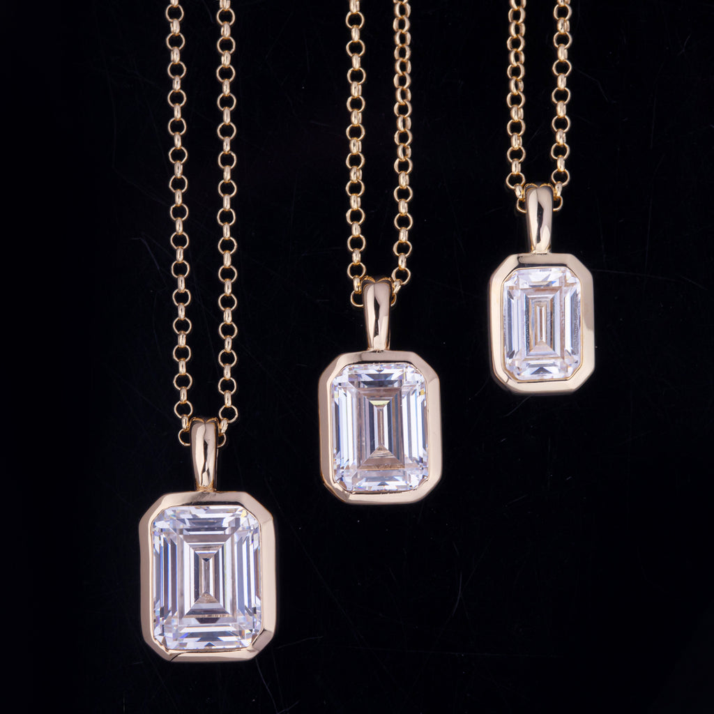 Emerald Cut Moissanite Pendant Necklace Gold - Wearing Photo 1