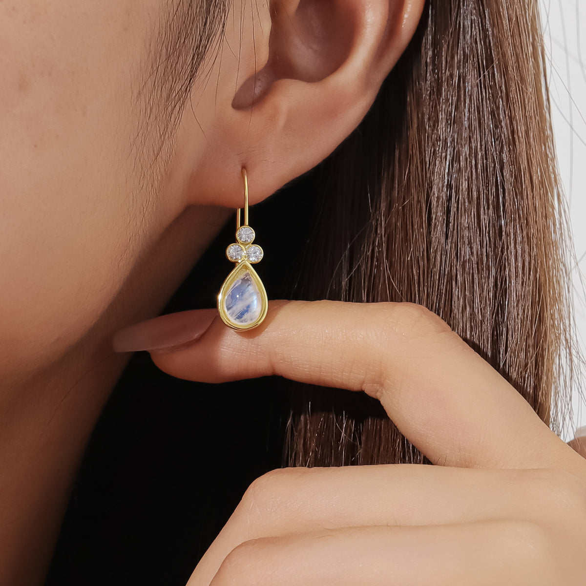 Close-up of the Moonstone setting on these earrings