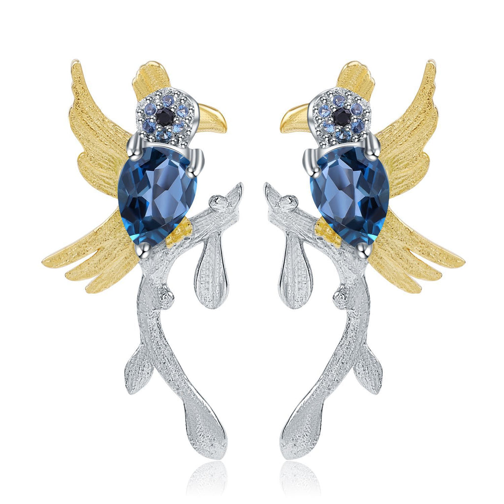 London Blue Topaz Magpie Earrings 925 Sterling Silver (wearing effect view)