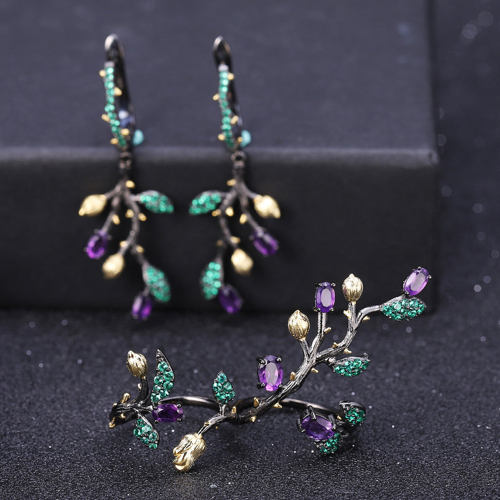 Multicolor Natural Gemstones Nature-Inspired Earrings 925 Sterling Silver (gemstone setting detail)