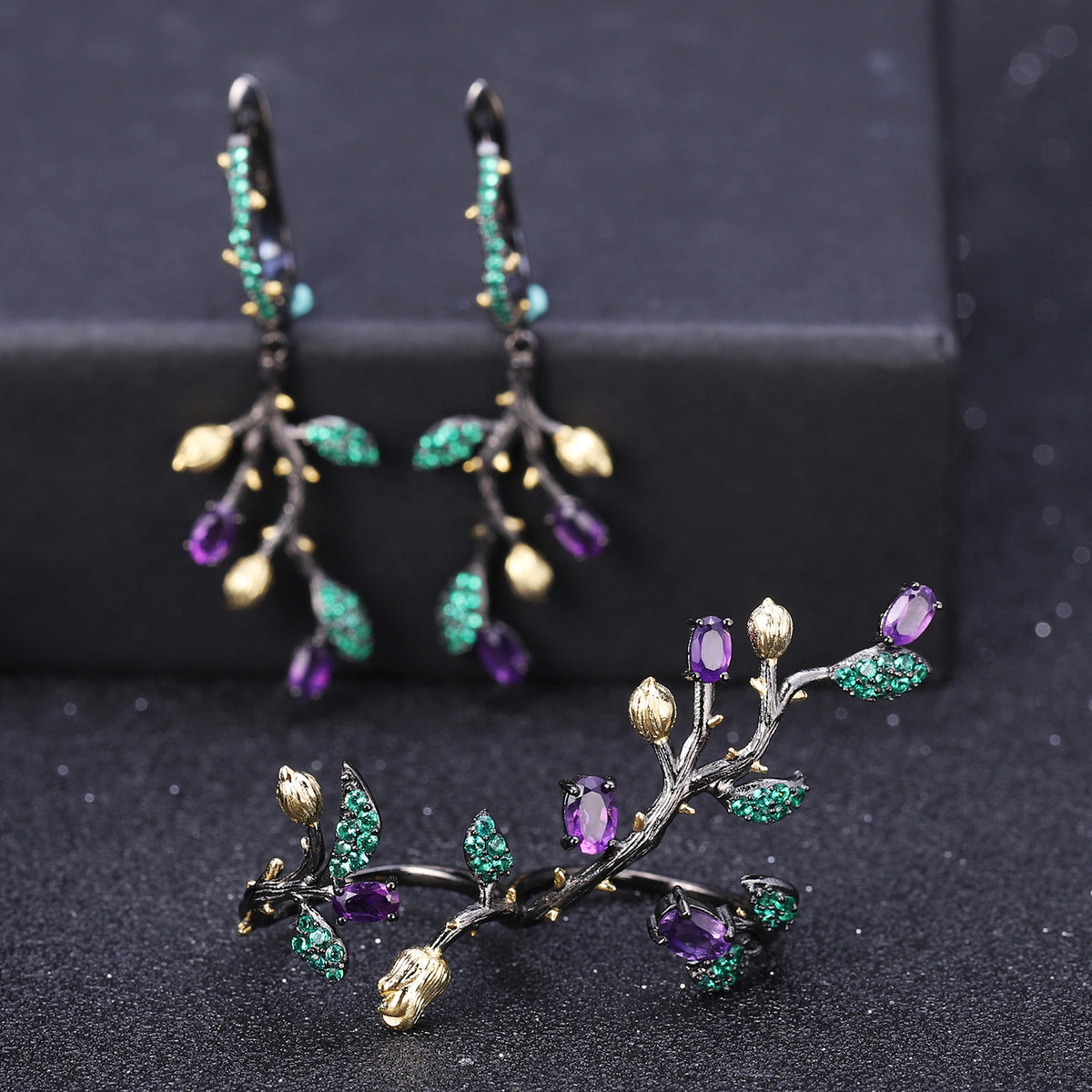 Multicolor Natural Gemstones Nature-Inspired Earrings 925 Sterling Silver (gemstone setting detail)