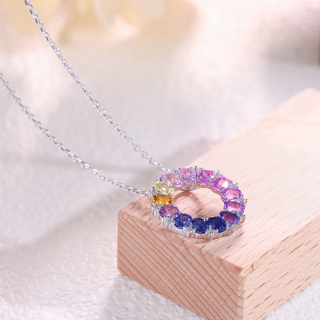 Lab-Grown Multicolor Gemstone Wreath Necklace 925 Sterling Silver - Display View