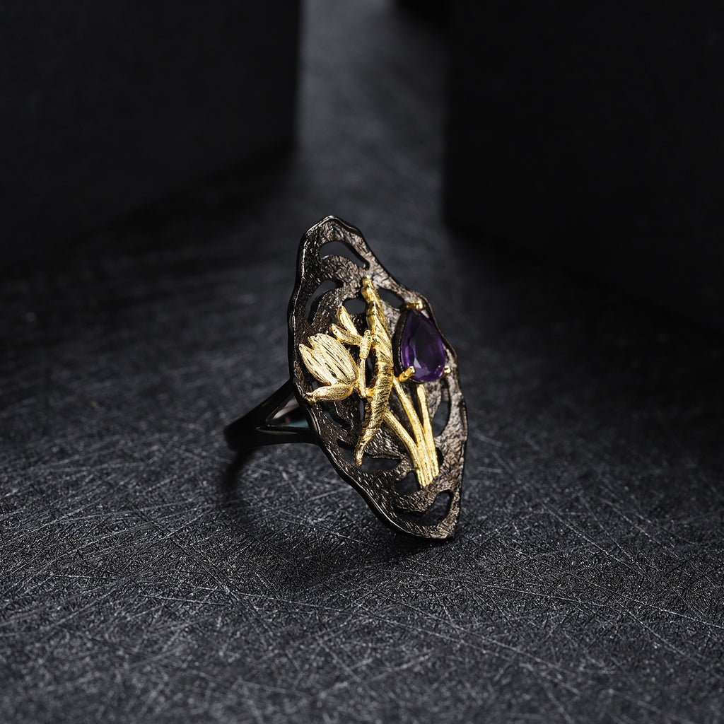 Amethyst Nature-Inspired Adjustable Ring 925 Sterling Silver (design detail close-up)