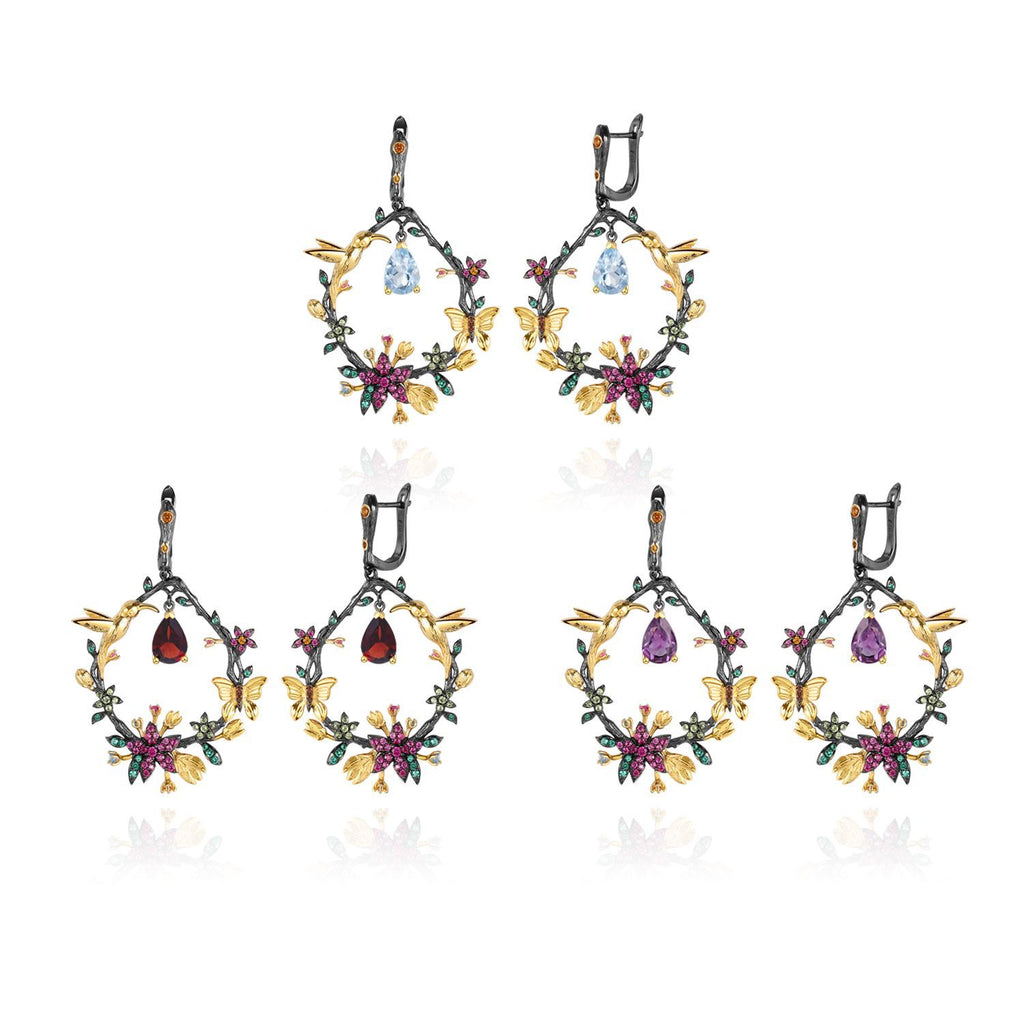 Amethyst Birds & Blossoms Earrings 925 Sterling Silver (side profile view)