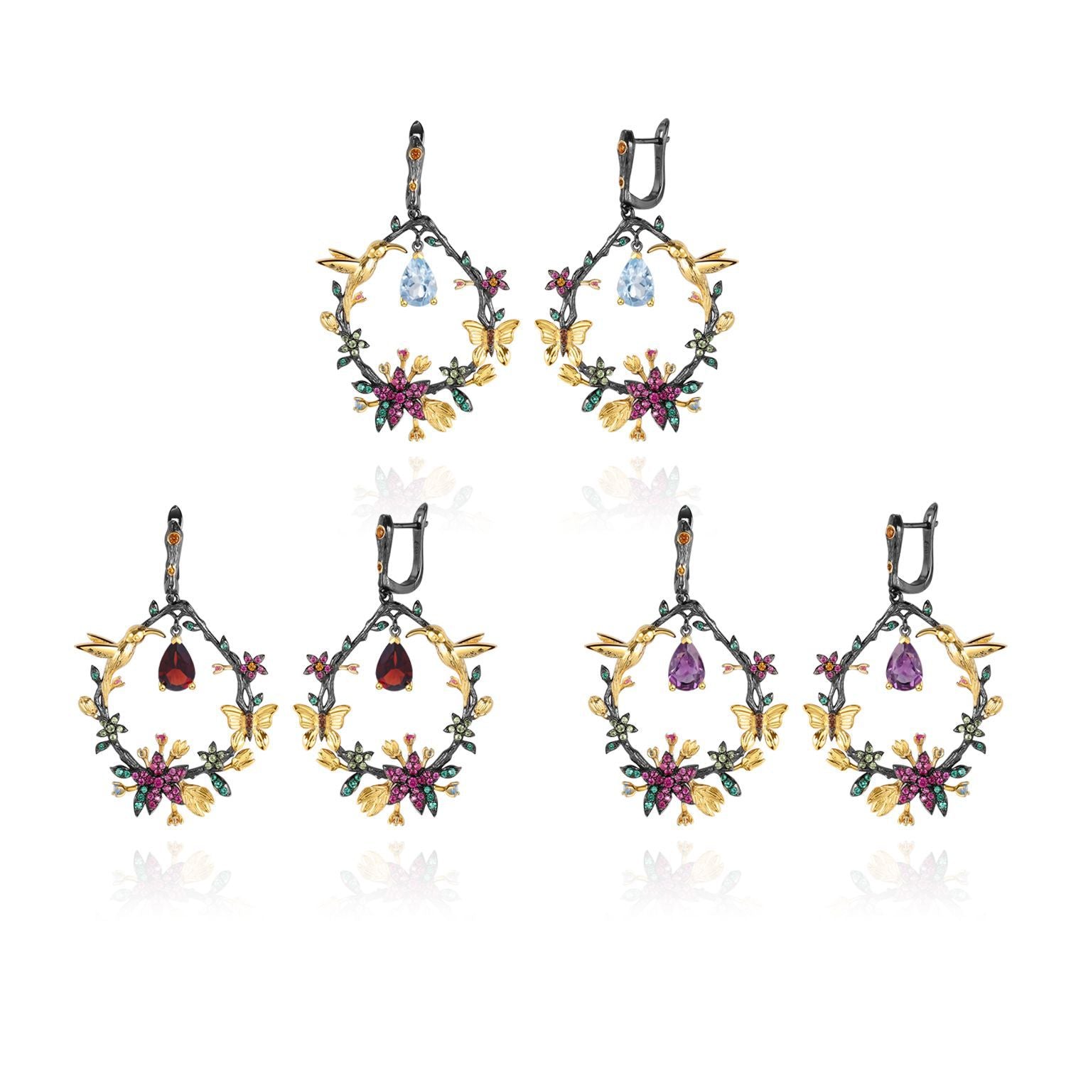 Amethyst Birds & Blossoms Earrings 925 Sterling Silver (side profile view)