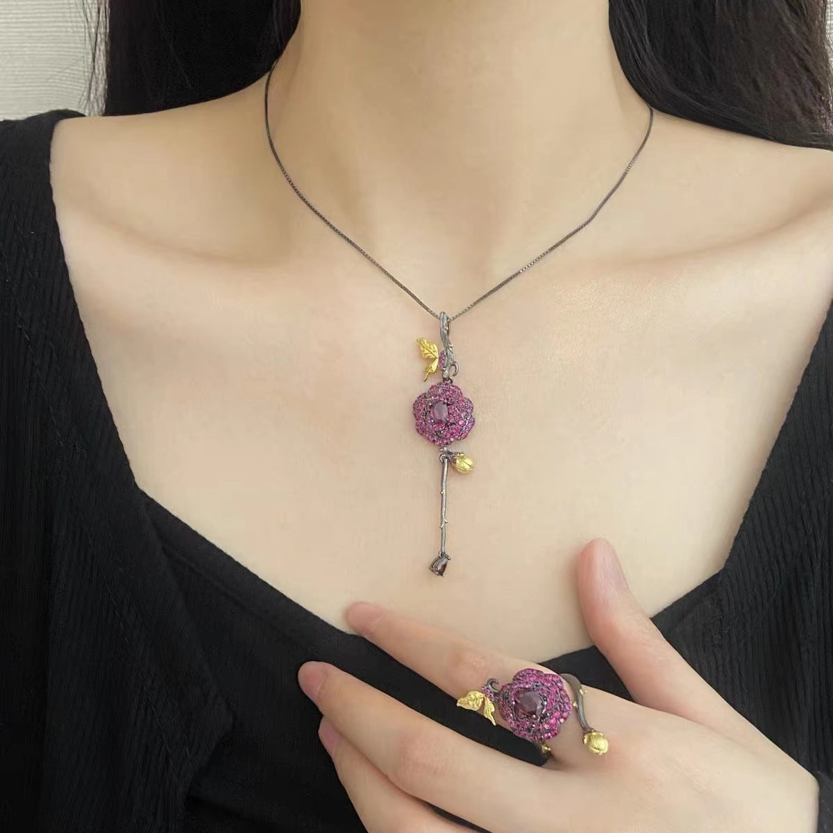 Multicolor Natural Gemstones Rose Pendant 925 Sterling Silver