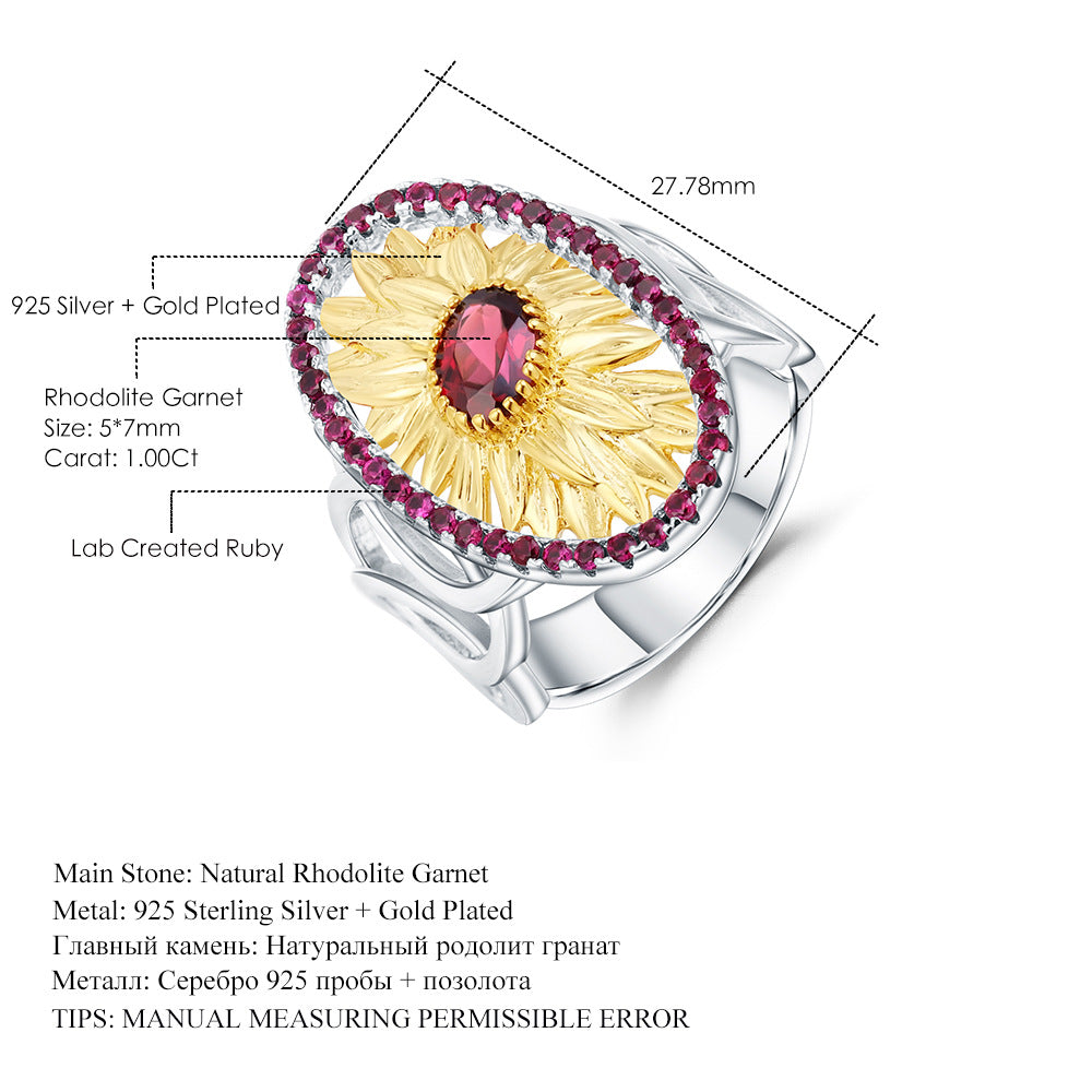 Rose Garnet Sunflower Ring 925 Sterling Silver (wearing effect view)