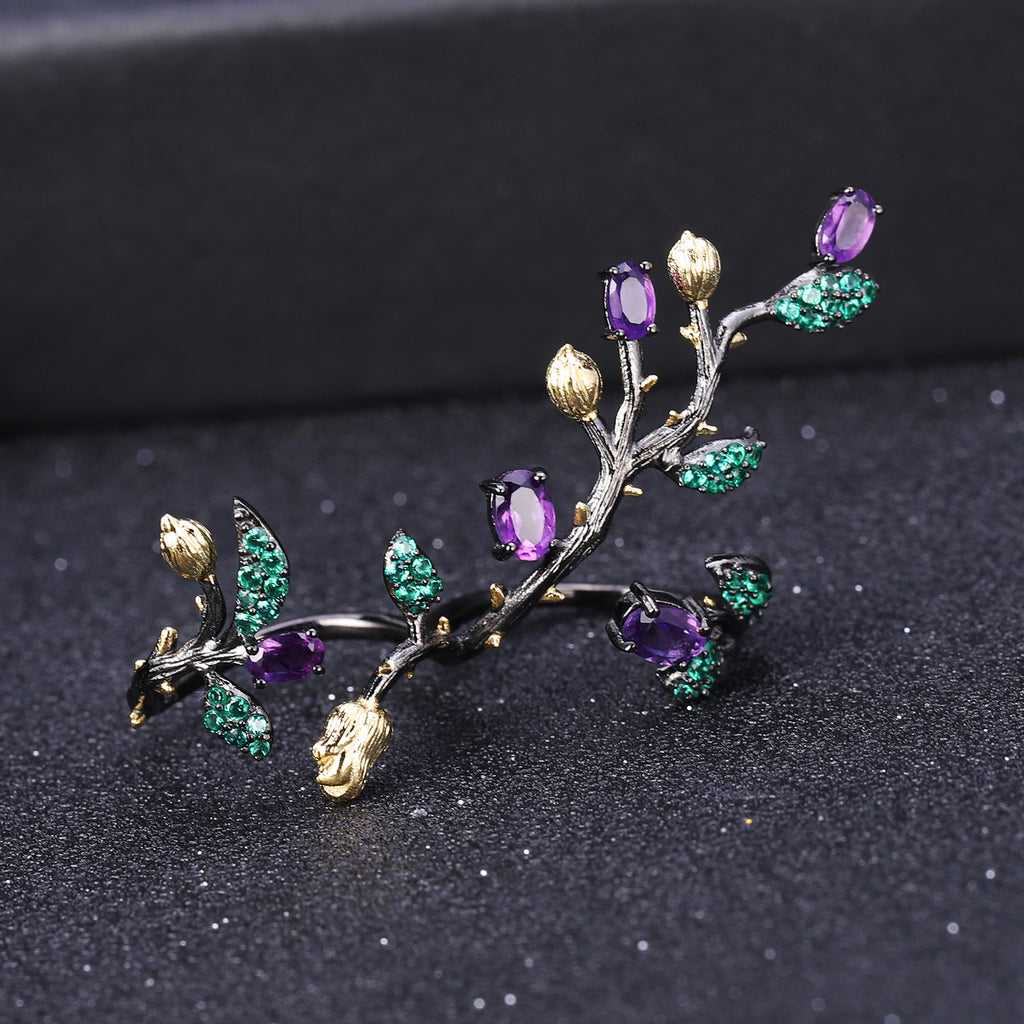 Multicolor Natural Gemstones Nature-Inspired Adjustable Ring 925 Sterling Silver (design detail close-up)