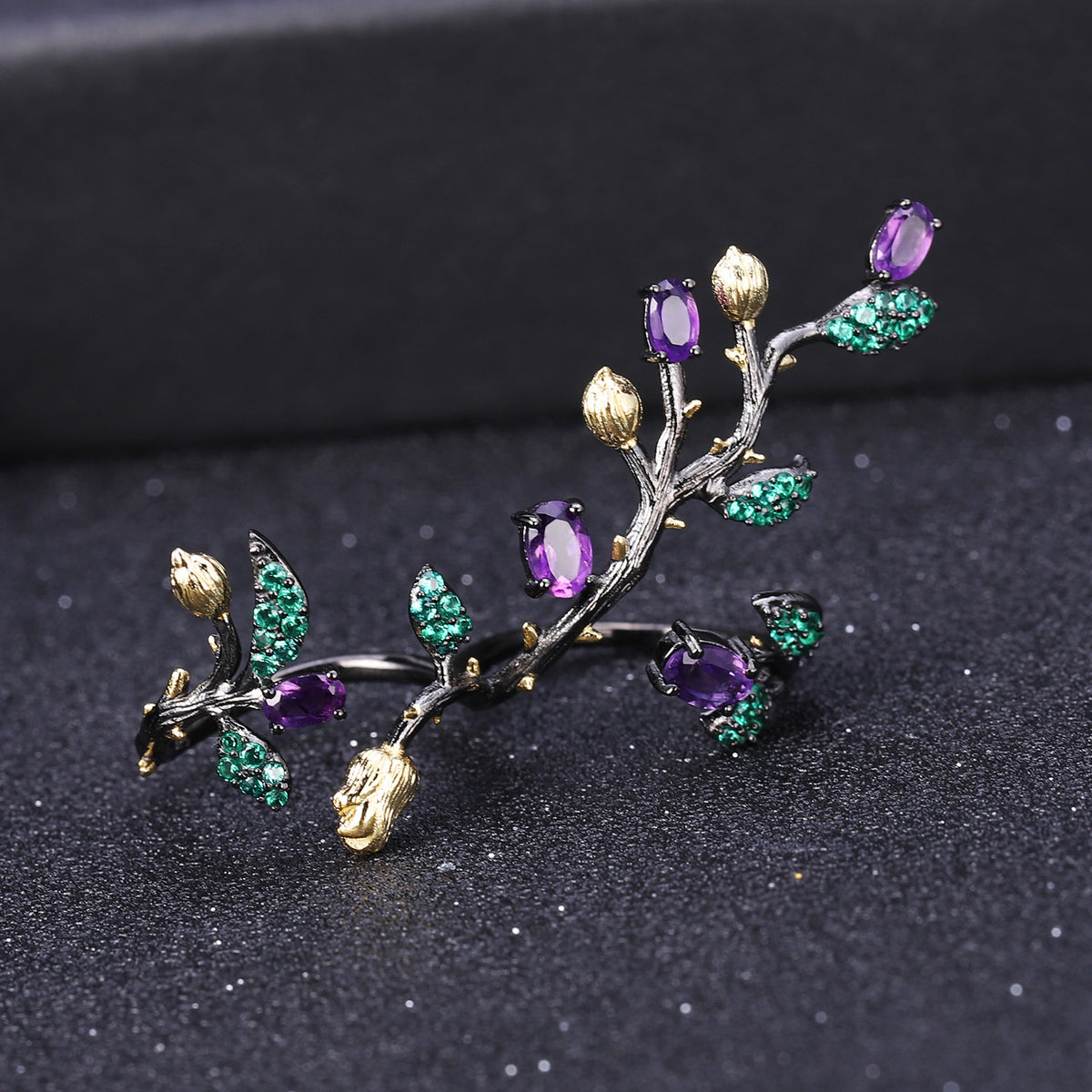 Multicolor Natural Gemstones Nature-Inspired Adjustable Ring 925 Sterling Silver (design detail close-up)